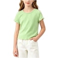 thumbnail image 2 of LEKWK Toddler Girls Ribbed T Shirt Short Sleeve Lettuce Trim Solid Basic Tees Lightweight Knit Casual Summer Tops Holiday Vacation Resort Wear 1-12Y, 2 of 5