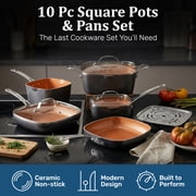 Gotham Steel Square 10 Pc Pots and Pans Set Non Stick, Ceramic Cookware Set w/ Ultra Nonstick Ceramic Coating, Square Pot and Pan Set Includes Shallow Skillet, Stock Pot, Oven/Dishwasher Safe, Copper