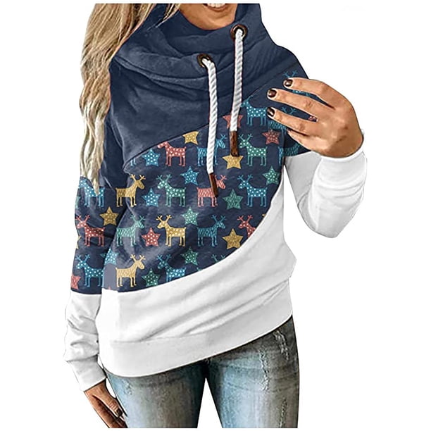 Sudaderas con capucha y cuello vuelto para mujer, sudaderas con estampado navideño de manga larga, suéteres, Tops con cordón Fridja fhghd3228