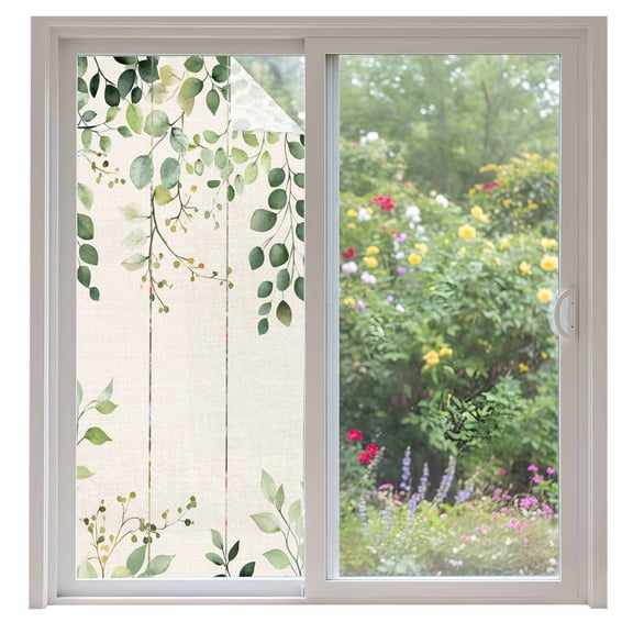Vintage Window Privacy Film Watercolor Eucalyptus Leaf Country Linen Background Decorative Glass Window Film UV Blocking Static Cling Non-Adhesive Sticker Covering for Home Door 35.4x78.7 inches