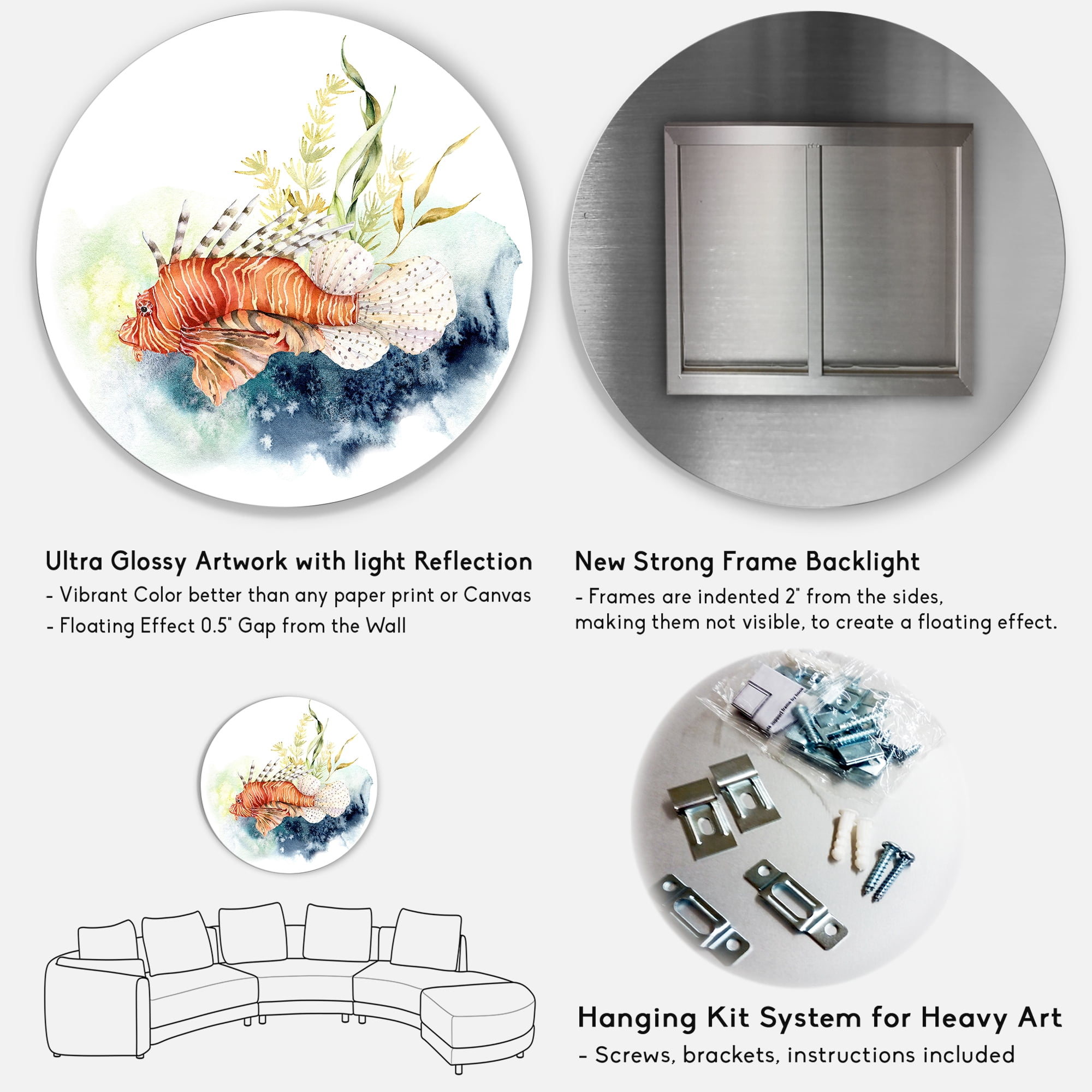 Designart 'Kelp and Lionfish With Coral Reef and Laminaria' Nautical & Coastal Circle Metal Wall Art 11x11 - Disc of 11