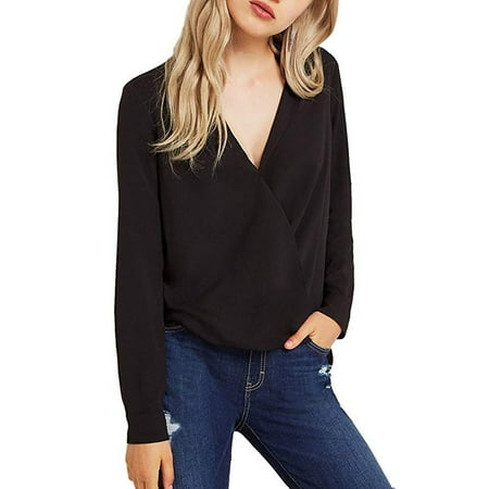- Women's Casual V Neck Chiffon Blouses Long Sleeves Loose Tops Wrap Front Surplice Shirt