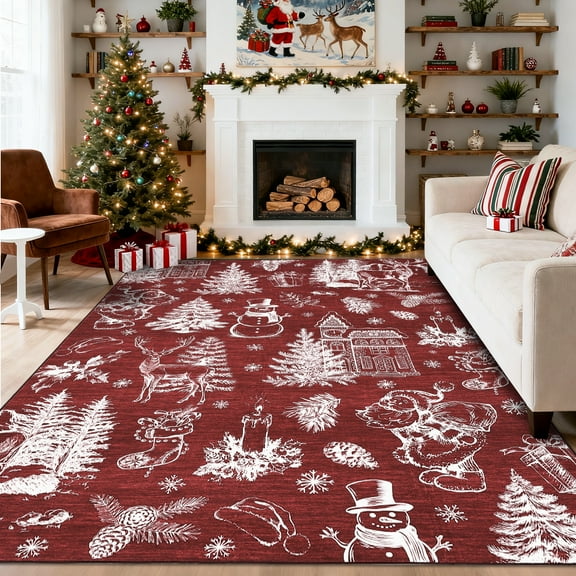 FairOnly 8'x10'Christmas Festive Area Rug for Living Room-Winter Fairy Tale Ultra-Thin Machine Washable Non Slip Floor Rug for Kitchen Bedroom,Red White