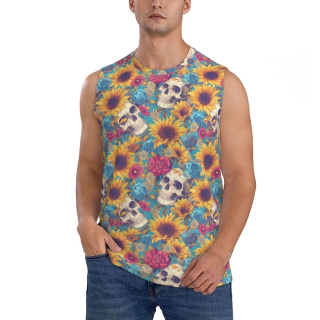 Balery colorful Skull sunflower Camisetas sin mangas para hombre, absorbe la humedad y protege contra el mal olor.-Large