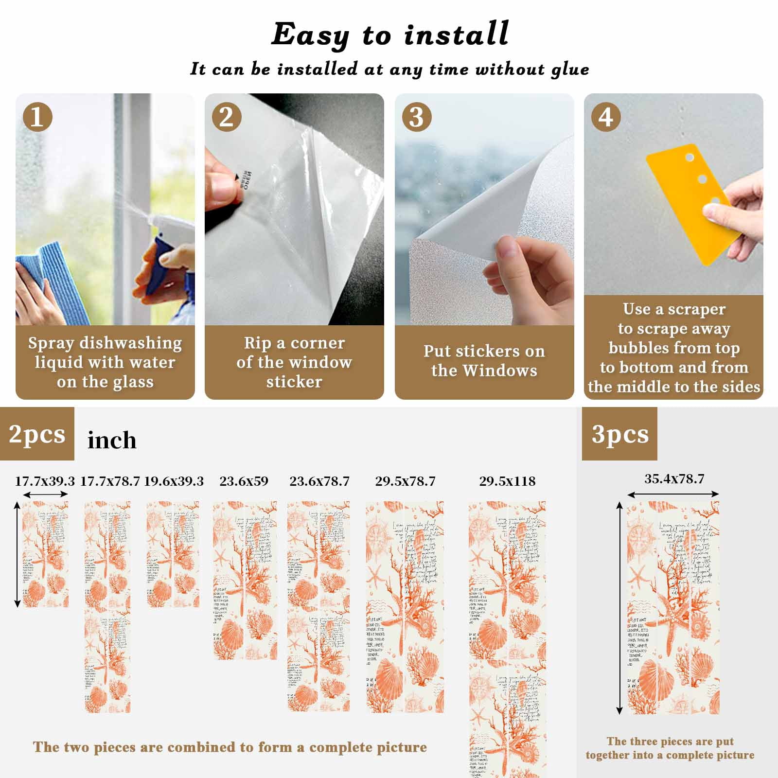 Orange Coastal Window Privacy Film, Starfish Shell Coral Seahorse Frosted Glass Window Clings Static Cling UV Heat Blocking Reusable Door Sticker for Bathroom 23.6 x 59 Inch