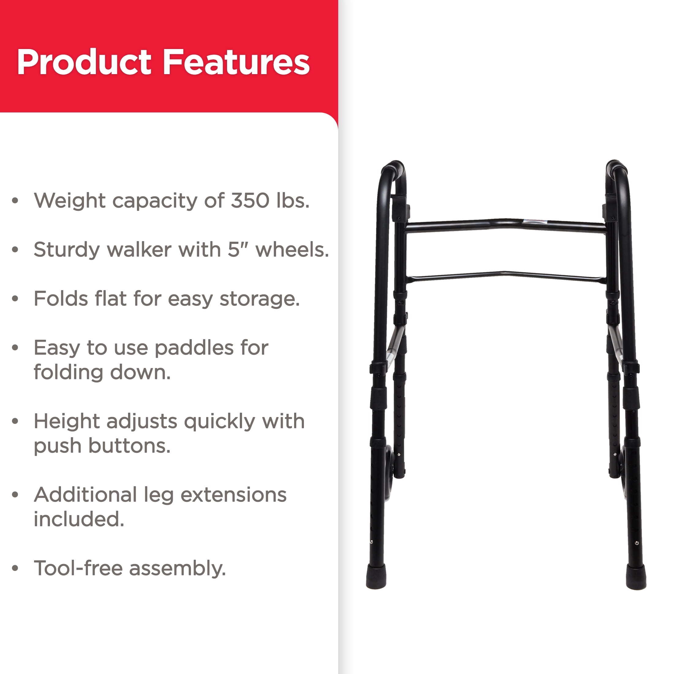 Equate Folding Walker with 5-in Wheels, Black, 350 lb Weight Capacity