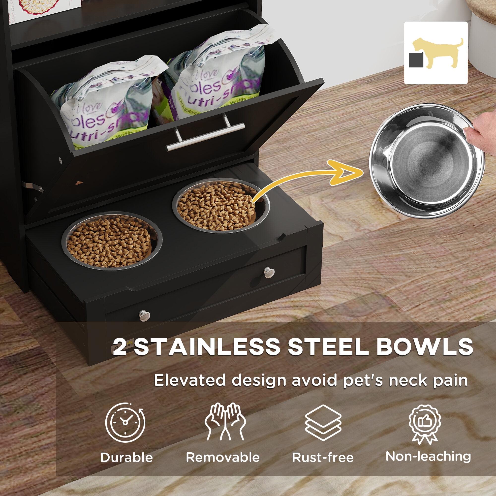 Orthopedic Dog Bed, Pet Feeder Station Storage Cabinet, with Dog Raised Bowls, Black, Black Dog Bed,Wood Cat Bed, Pet Supplies Pet Beds & Furniture