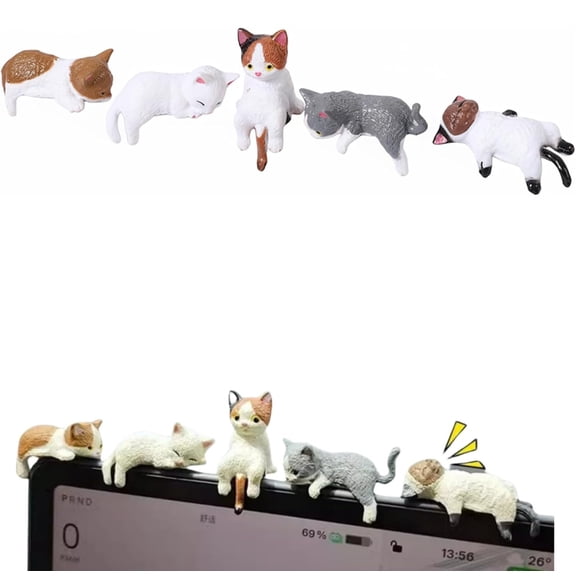 Mini Cat Figurines, Cute Resin Cat Decor for Computer Monitor & Car Dashboard, Small Desk Accessories for Home Office, Monitor Figurines(RL 5 PCS)