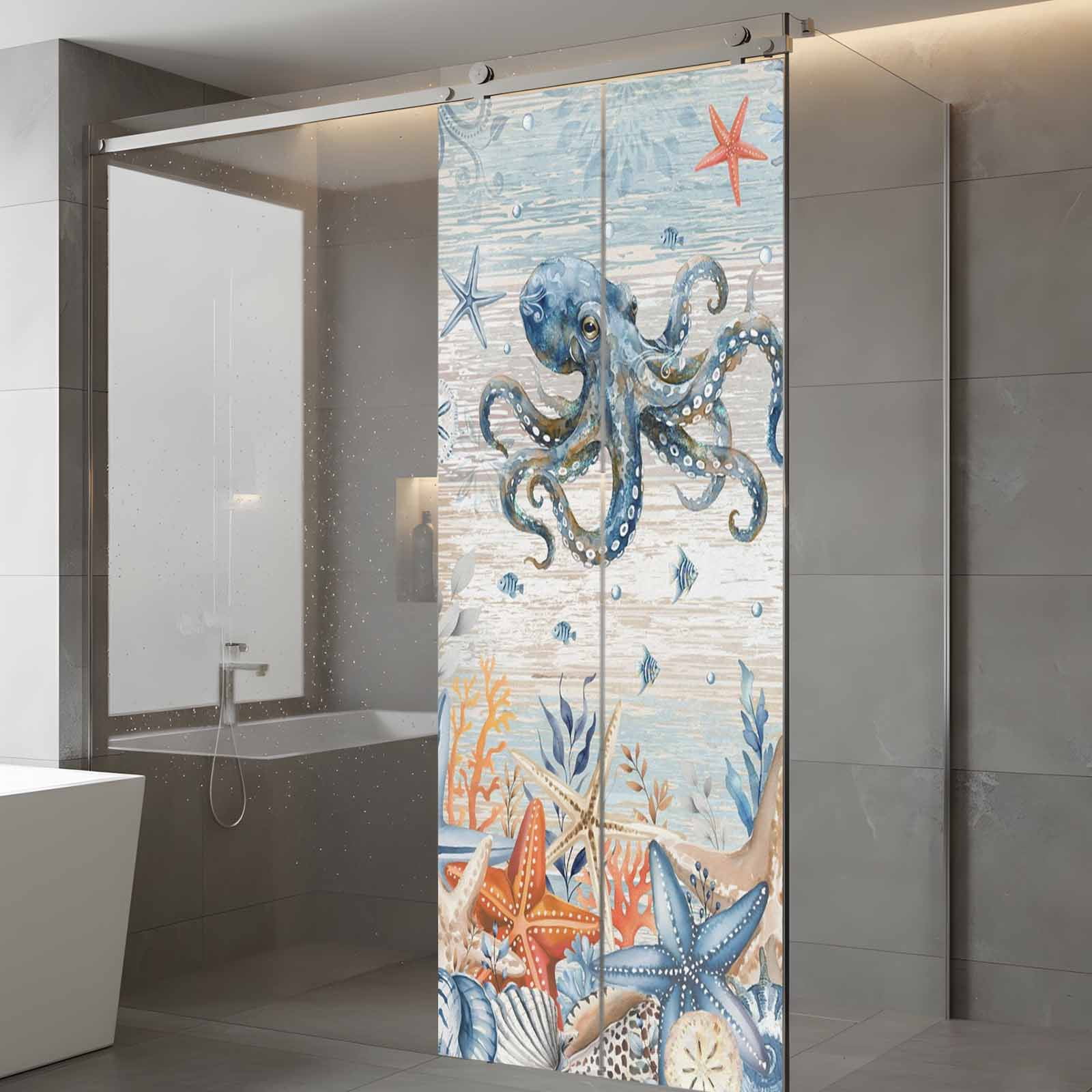 Oceans Marine Life Window Privacy Film, Orange Blue Octopus Starfish Retro Wooden Frosted Glass Window Clings Static Cling UV Heat Blocking Reusable Door Sticker for Bathroom 23.6 x 59 Inch