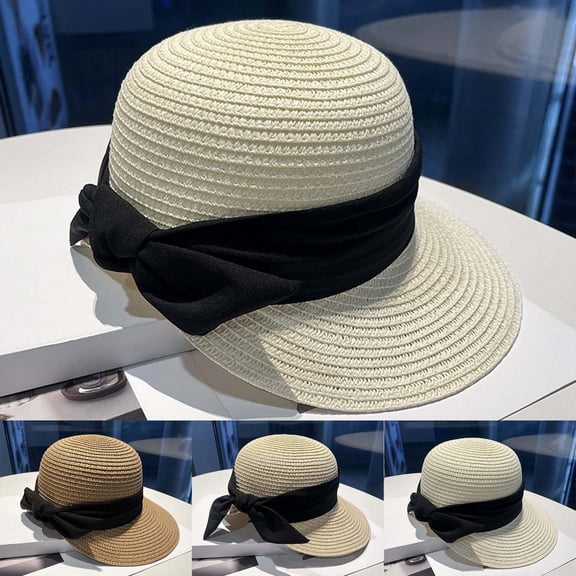 XINPING Women's Wide Ribbon Straw Sun Bucket Hat, Breathable UV Protection Beach Vacation Hat with Bow Detail, Stylish for Summer and Travel