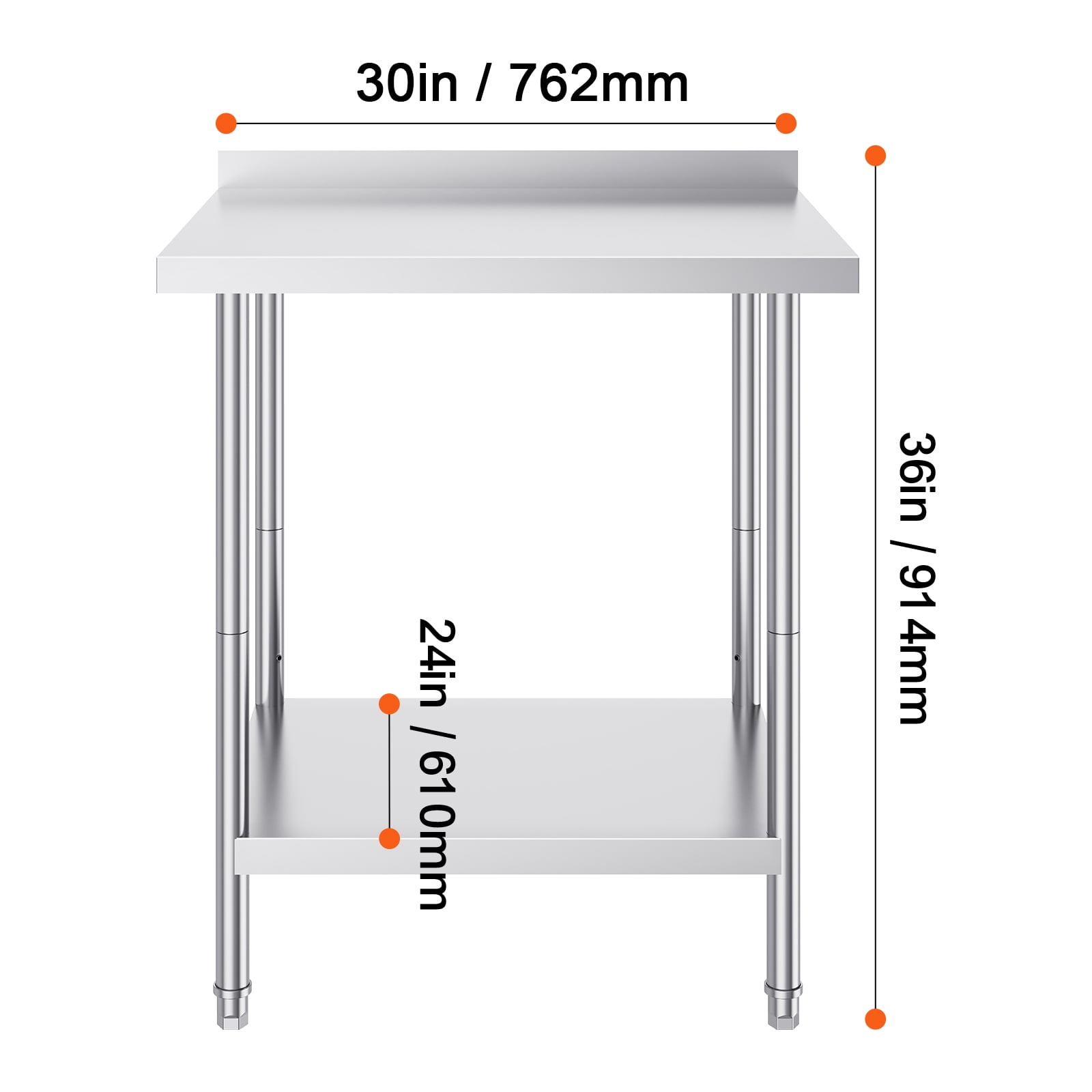 KFFKFF 30" x 24'' Stainless Steel Work Table, Commercial Work Table with Backsplash, Adjustable Height, Ideal for Food Preparation in Restaurants, Homes, and Hotel