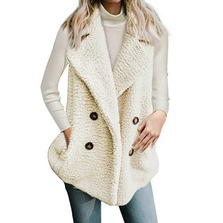 Women Faux Fur Warm Sleeveless Casual Fashion Vest Fleece Outwear Lapel Thick Top Parka Open Front Winter Cardigan Coat Jacket