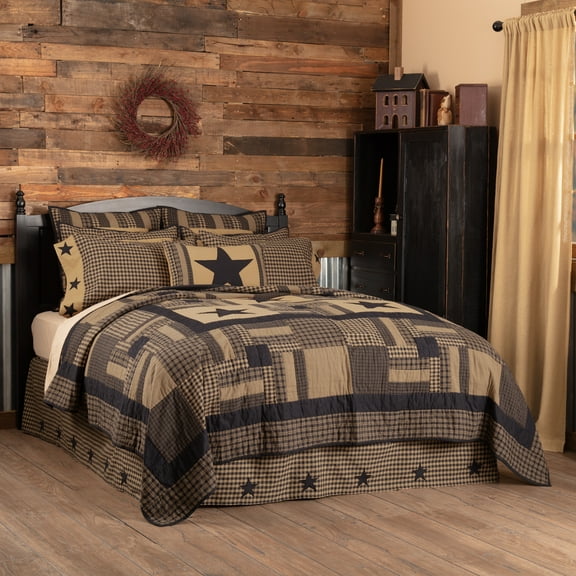 VHC Brands Black Check Star 4 Piece Twin Quilt Set (1 Twin Quilt, 2 Standard Shams, 1 Twin Bed Skirt)