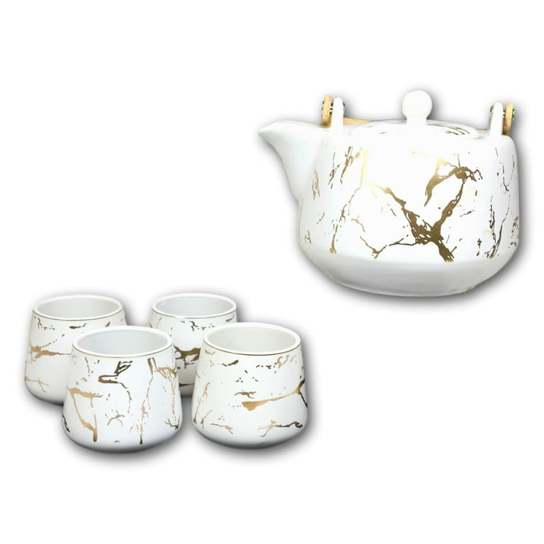 Ceramic Gold Marbled Tea Set, White