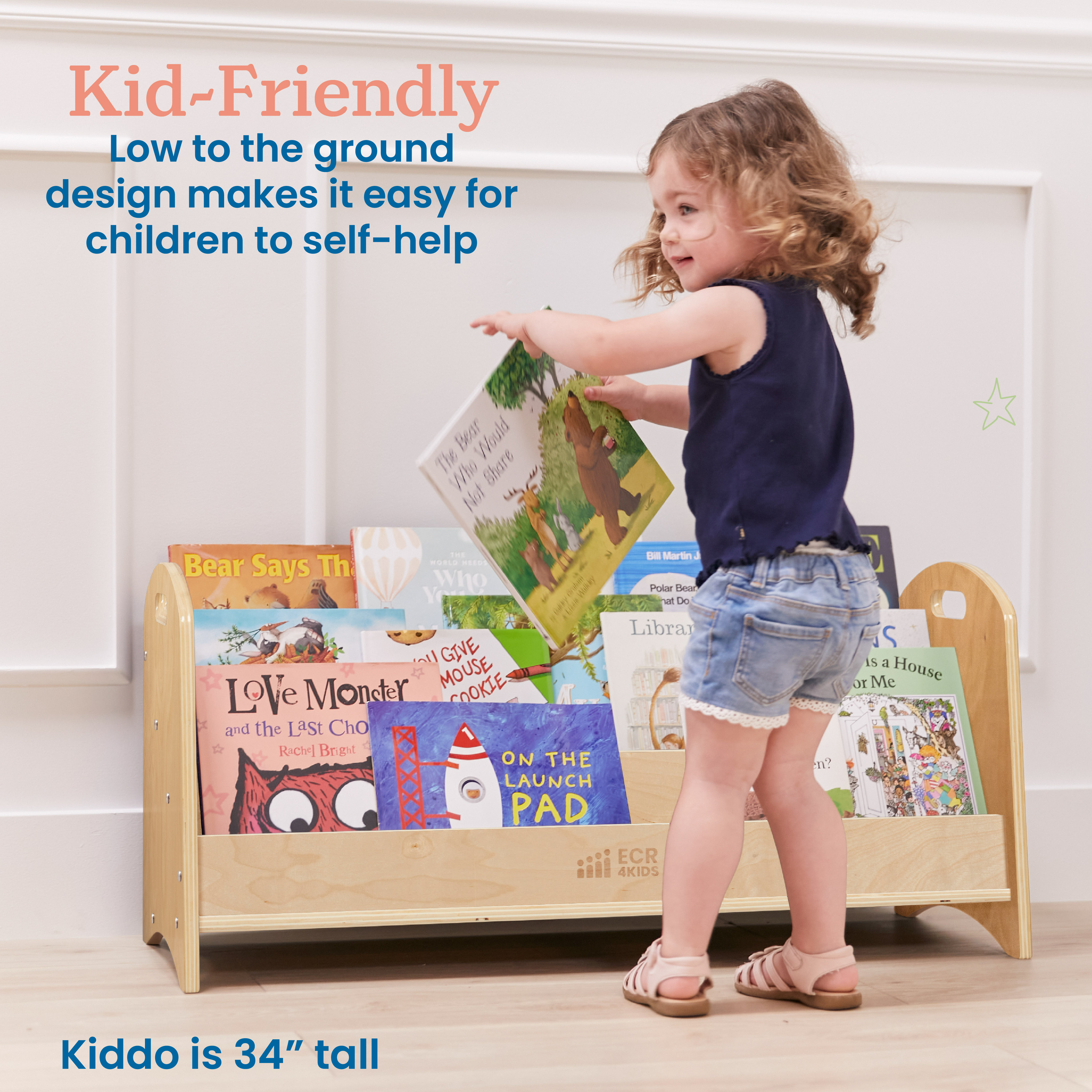 ECR4Kids 3-Shelf Floor Book Display with Handles, 36in, Children's Furniture, Natural
