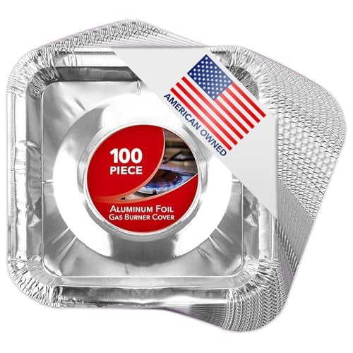 Disposable Gas Burner Liners (100 Pack) Aluminum Foil Square Gas Stove Burner Covers - 8.5 Inch Gas Range Protector,Stove Top Covers for Gas Burners,Foil Liners to Catch Oil,Grease,and Food Spills
