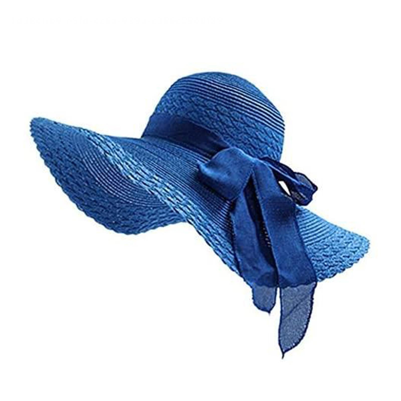 Womens Big Bowknot Straw Hat-Large Floppy Foldable Roll up Beach Cap Sun Hat.  Blue 1PCS 