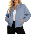 thumbnail image 6 of Zpanxa Bomber Jacket Women Short Plus Size Zip Up Stand Collar Casual Coat with Pockets Light Blue L, 6 of 7