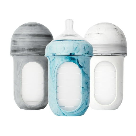 Boon NURSH Reusable Silicone Pouch Baby Bottles – Stage 2 Medium Flow – 8oz – Marble (3pk)