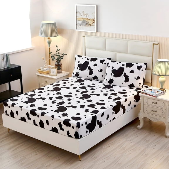 3PCS Milk Cow Print Stuff Bedding Fitted Sheet Set Twin Size, Cartoon Cow Pattern Fitted Sheet with Deep Pocket and 2 Pillowcases, Cute and Cozy, Kawaii Bed for Kids, Children, Boys, Girls, Teens