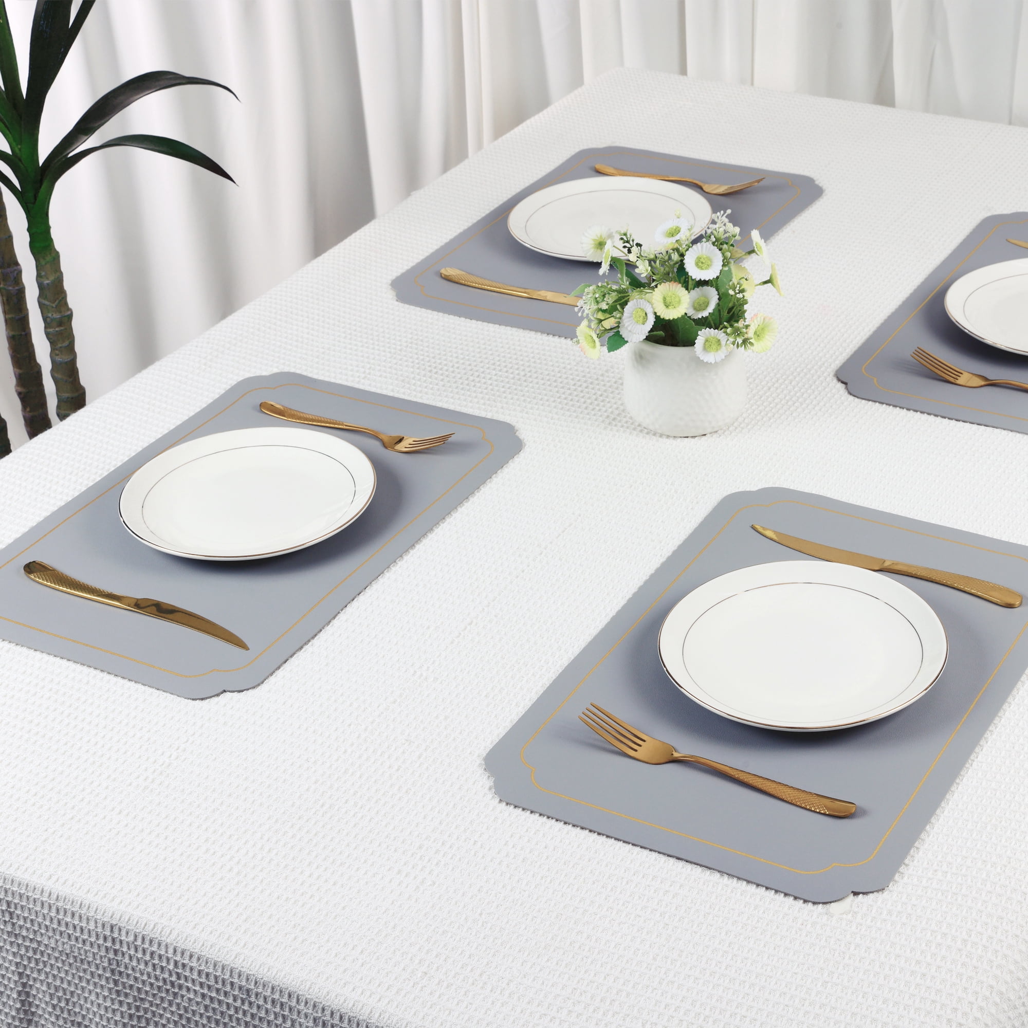 Unique Bargains Placemats Leather Placemats for Kitchen Dining Table Gray Gold 18x12in