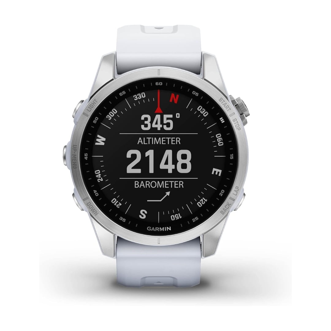 Restored Garmin Fenix 7S GPS Smartwatch Touchscreen Silver with Whitestone Band (Refurbished)