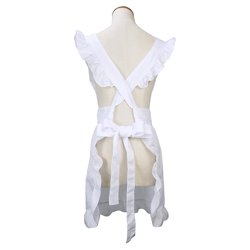 CIYISON Womens Girls Ruffles Outline Retro White Apron with Pockets Adjustable Victorian Bib Maid Cosplay Kitchen Baking Costume