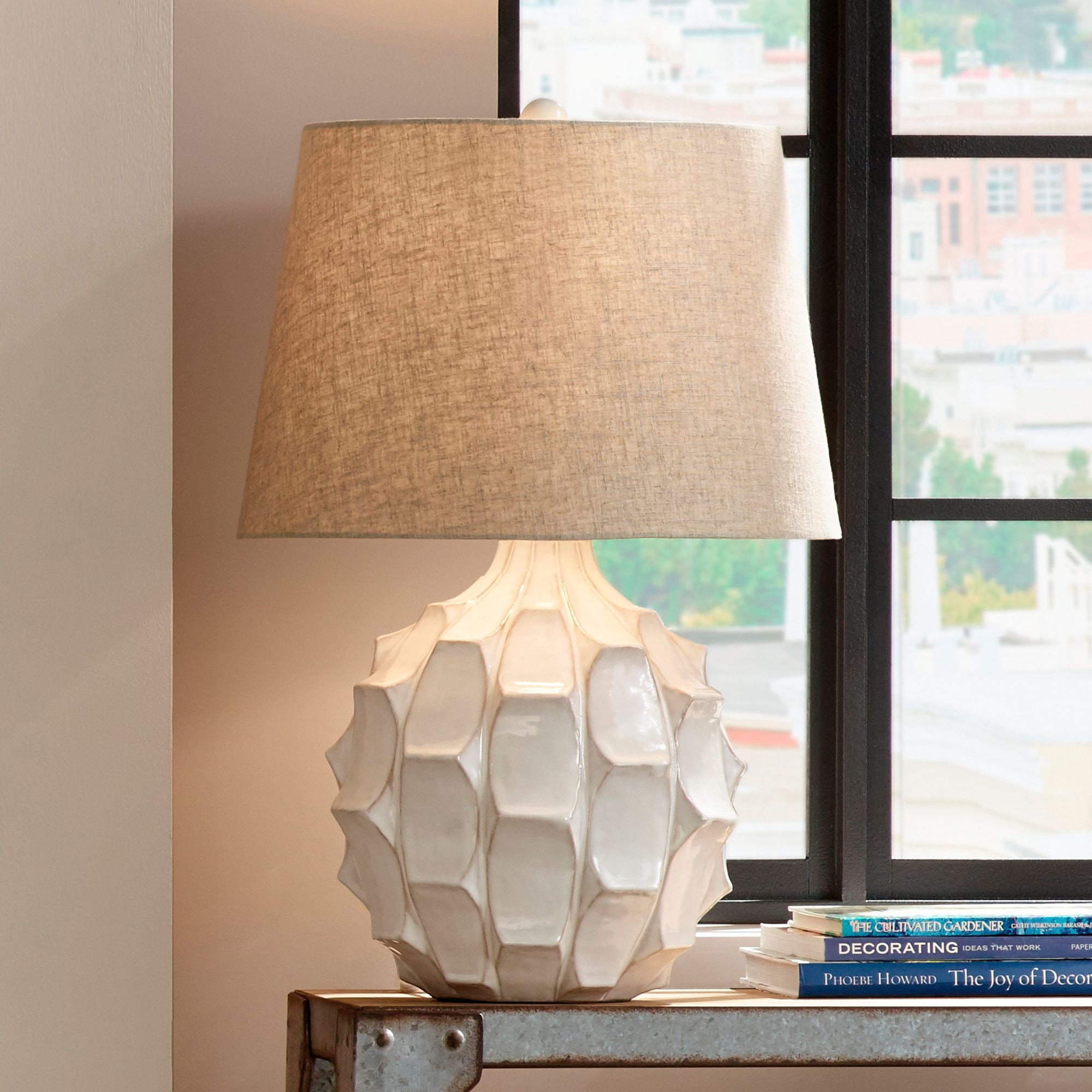 Possini Euro Design Cosgrove Modern Mid Century Table Lamps 26 1/2" High Set of 2 White Glazed Ceramic Light Brown Linen Drum Shade for Living Room