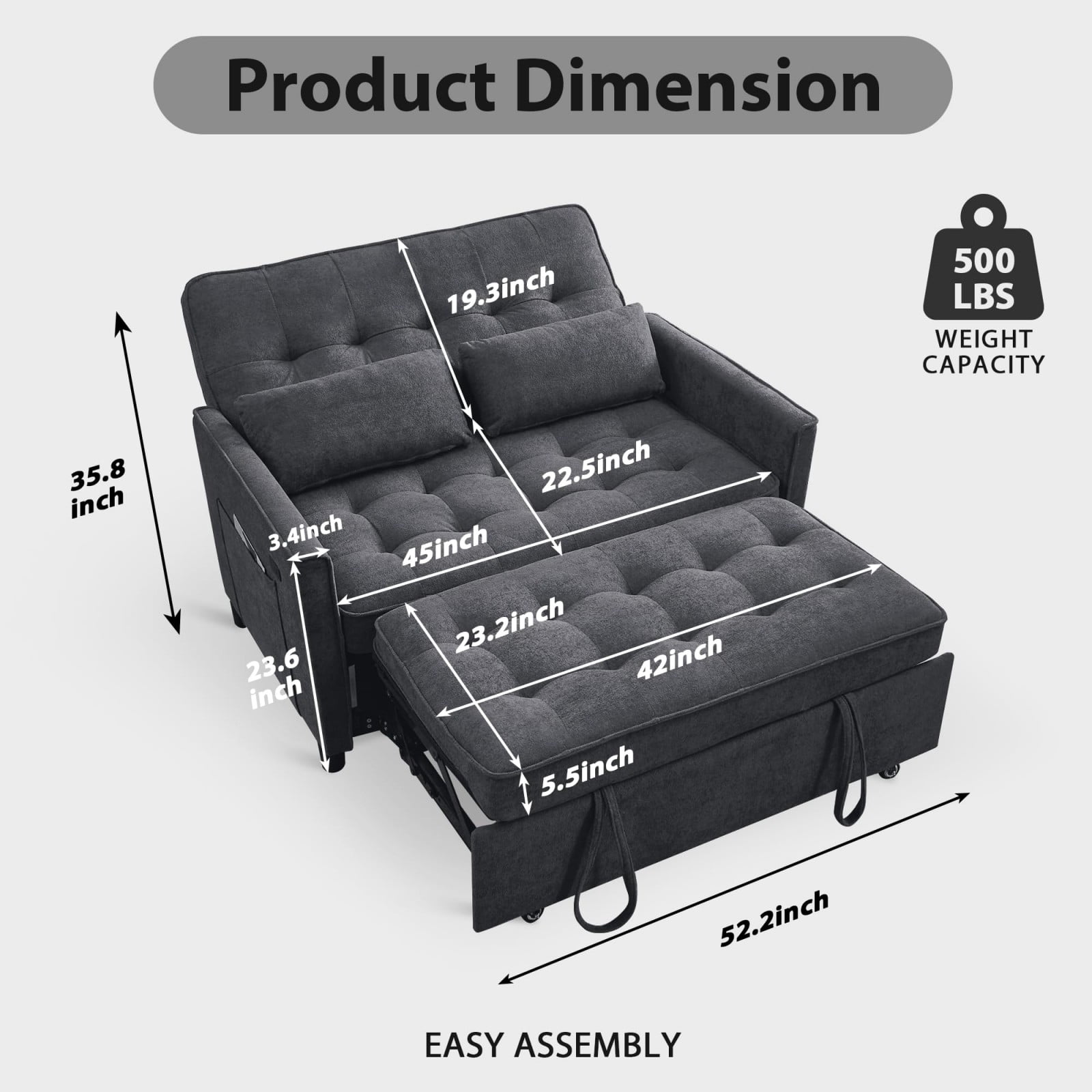 Convertible Sofa Bed, 3 in 1 Pull Out Couch Loveseat Sleeper with USB Charging Port, Adjustable Backrest, Side Pocket, Fabric Couch for Living Room Apartment, Dark Gray