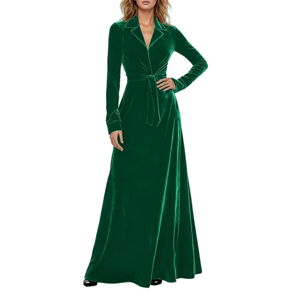 IWRICH Women's Velvet Wrap Dresses Long Sleeve Formal Dress Collard V Neck Evening Gowns with Split Green XL