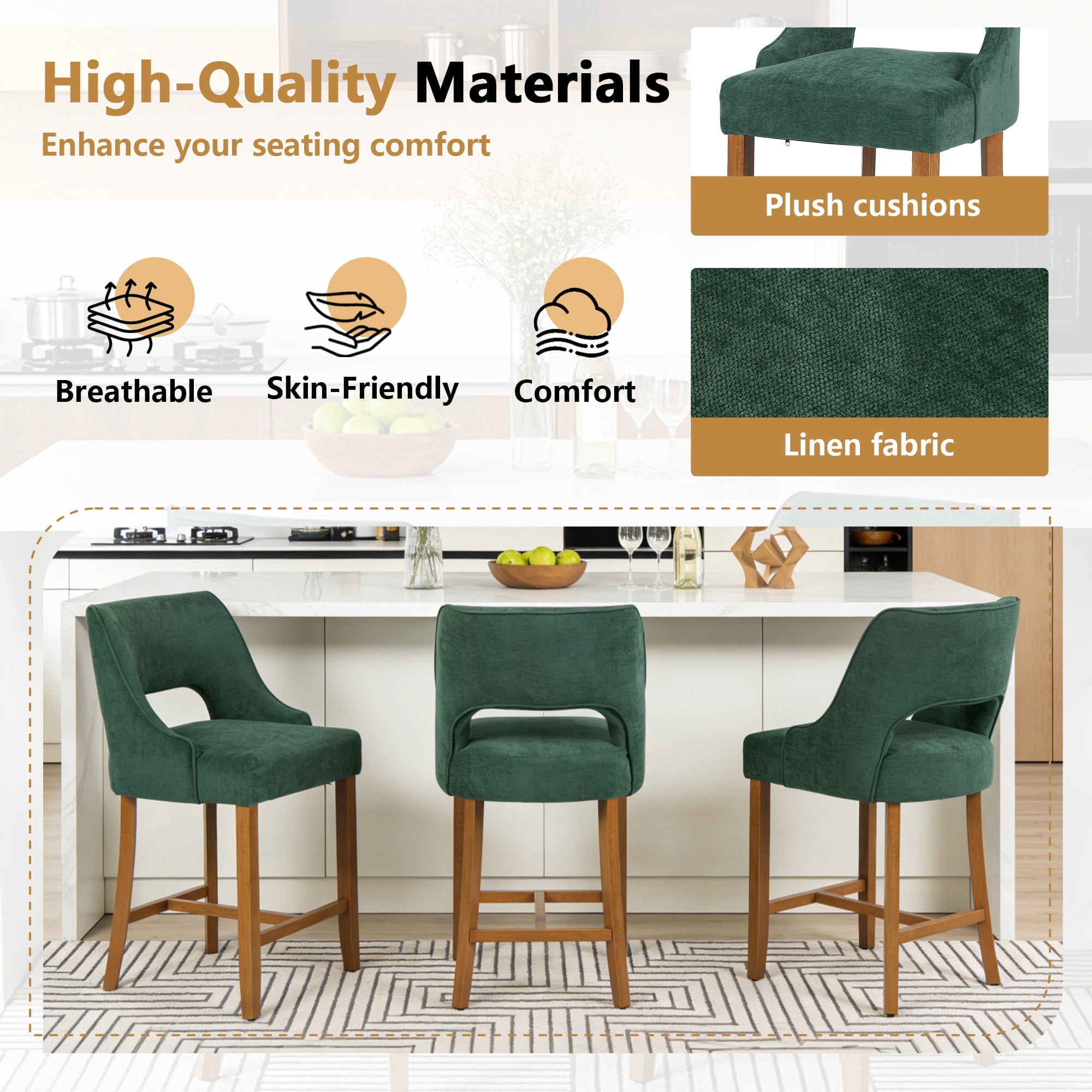 ClinQ Modern Counter Height Bar Stool Set of 1, Upholstered Seat with Back and Walnut H-Frame Footrest for Kitchen Island, Darkgreen