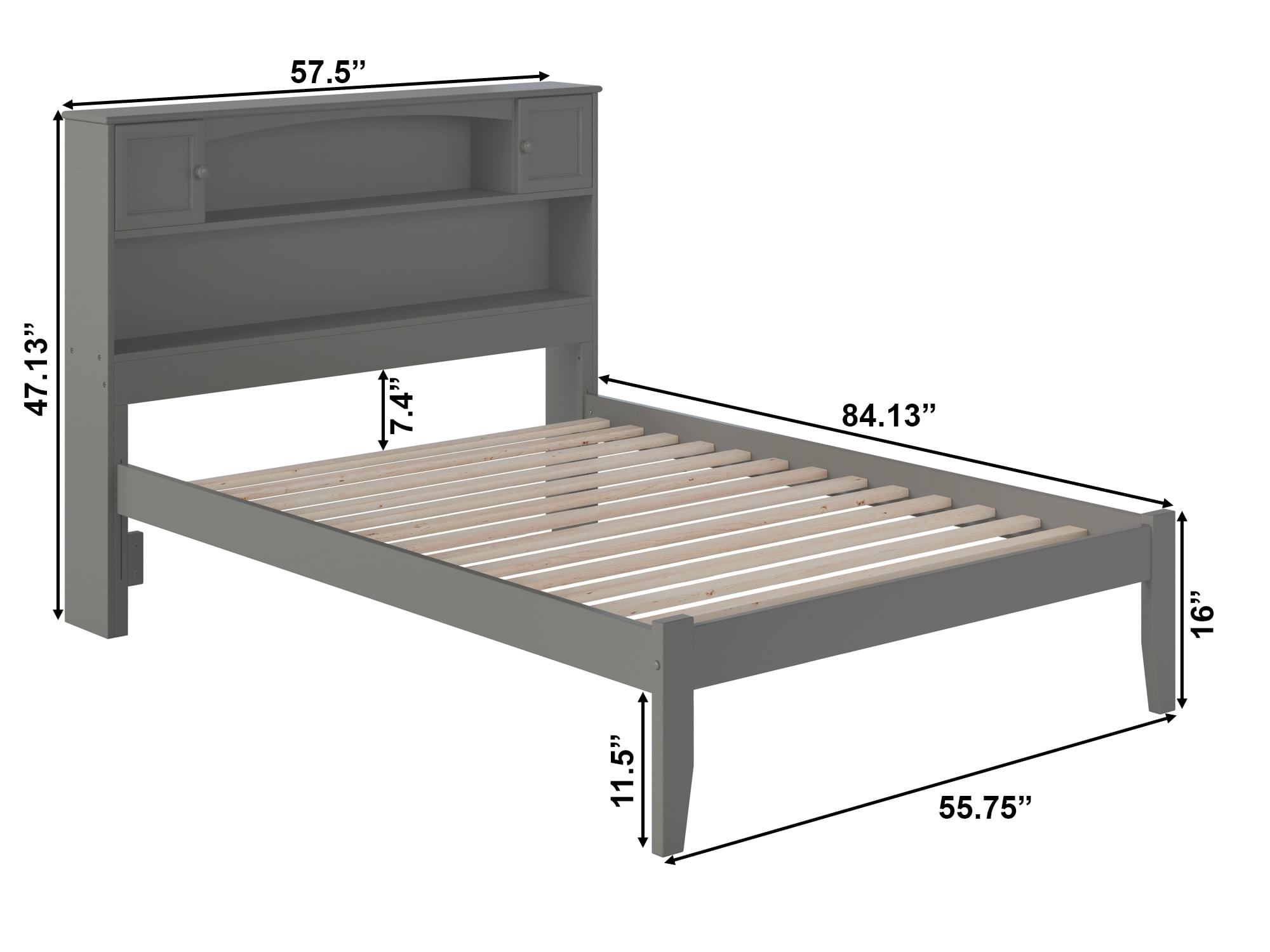 AFI Newport Full Solid Wood Platform Bed with Storage Headboard in Grey