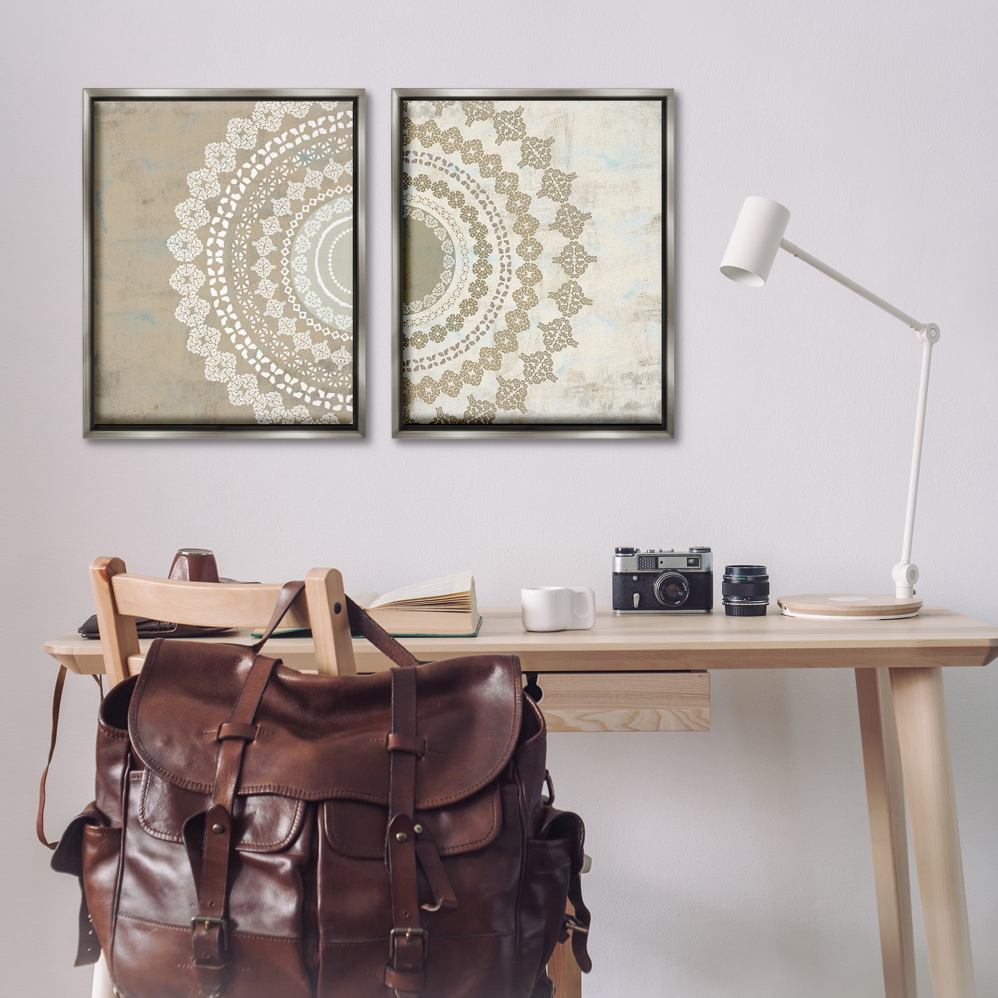 Stupell Industries Rustic Mandala Boho Pattern Abstract Painting Gray Floater Framed Canvas Art Print Wall Art, 25 x 31, Set of 2