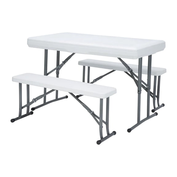 New Home Era Durable Heavy-Duty Portable HDPE Patio Folding Table with 2 Bench and Adjustable Height for Indoor, Outdoor, Picnic, Party, Camping - Grey
