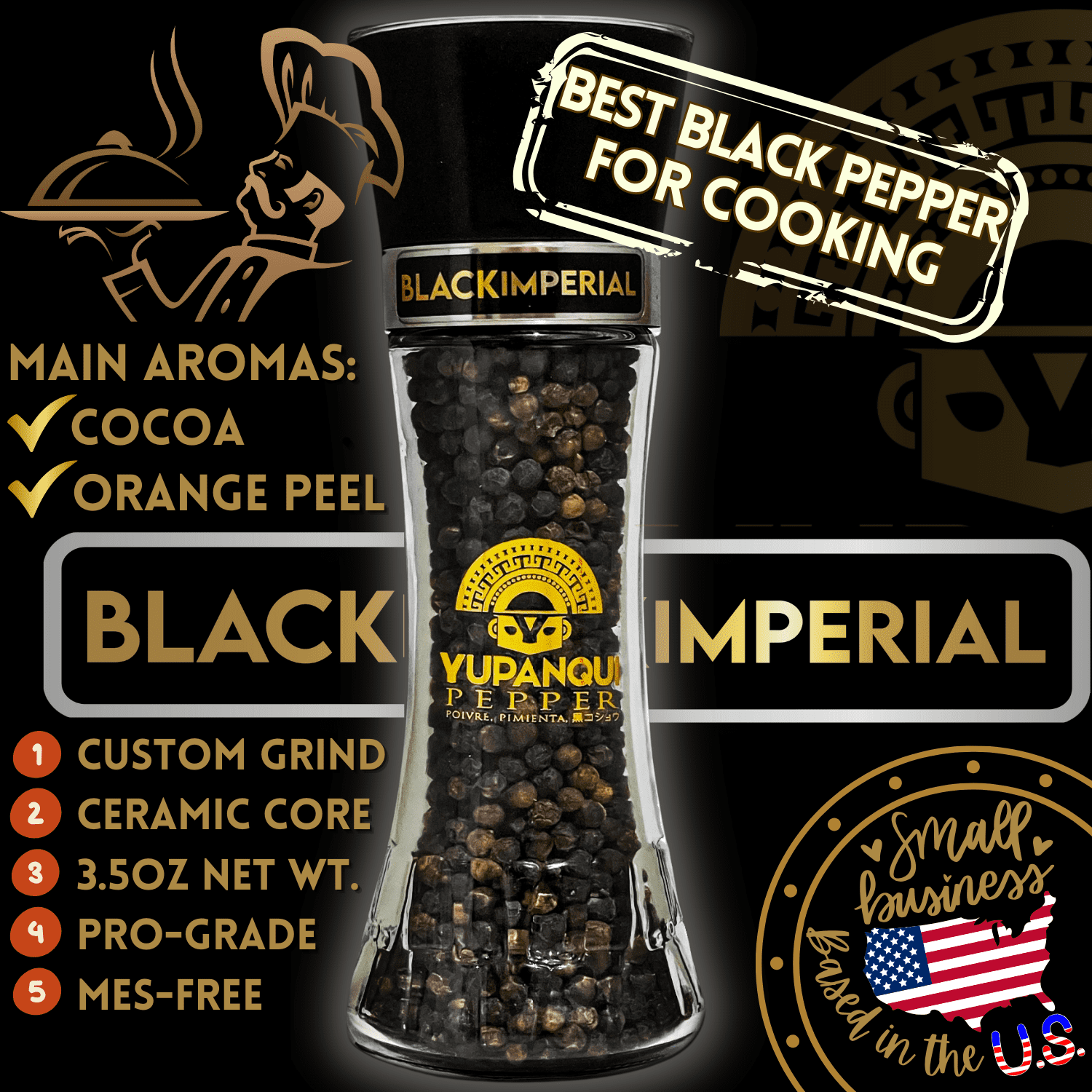 YUPANQUI Refillable Black Pepper Grinder 3.5oz Gourmet Organic Black Peppercorns for Cooking Flavor