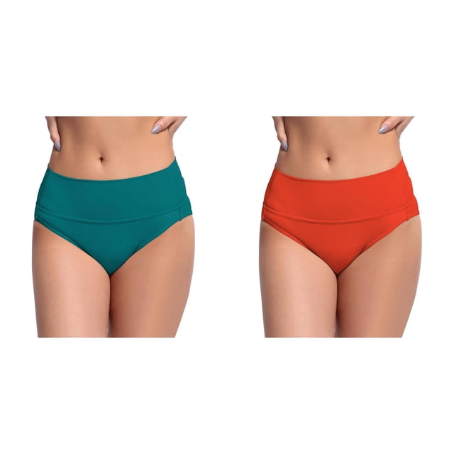 2 Pack(Orange 1PCS & Green 1PCS) Multipack Women's High Waisted Bikini Bottoms Retro Basic Full Coverage Swimsuit Mid Waist Bathing Suit Bottom