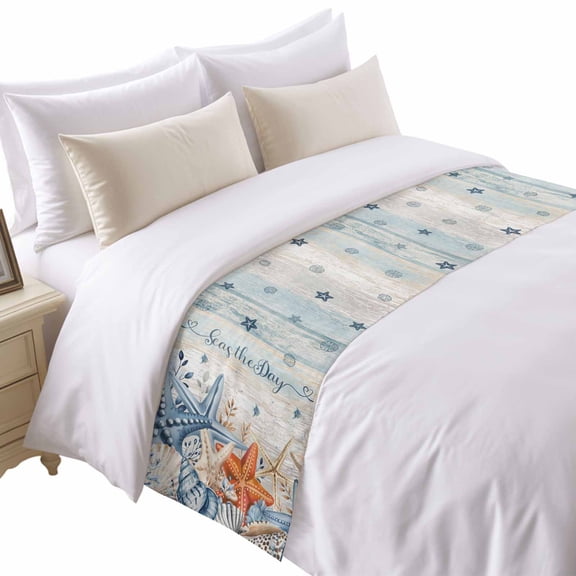 Retro Blue Ocean Bed Runner for King Size Bed, Seas The Day Soft Bedding Scarf Bedding Protector Slipcover Sofa Throw for Bedroom Hotel Guesthouse