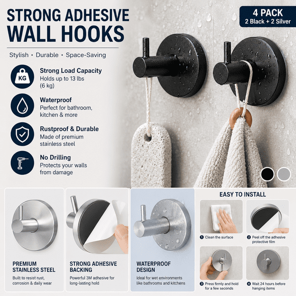 4 Pack Suction Cup Hooks for Shower, 2 Black & 2 Silver No Drill Stainless Steel Bathroom Hooks, Waterproof Removable Towel Hooks for Glass, Mirror, Tile, Kitchen, Hanging Robes, Loofahs & Wreaths
