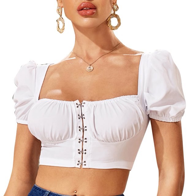 Slatcetga Camisa Corta de Manga Soplada para Mujer Blusa Corta de Cintura Alta Transpirable Linda de Moda para Diario al Aire Libre Blanco XL