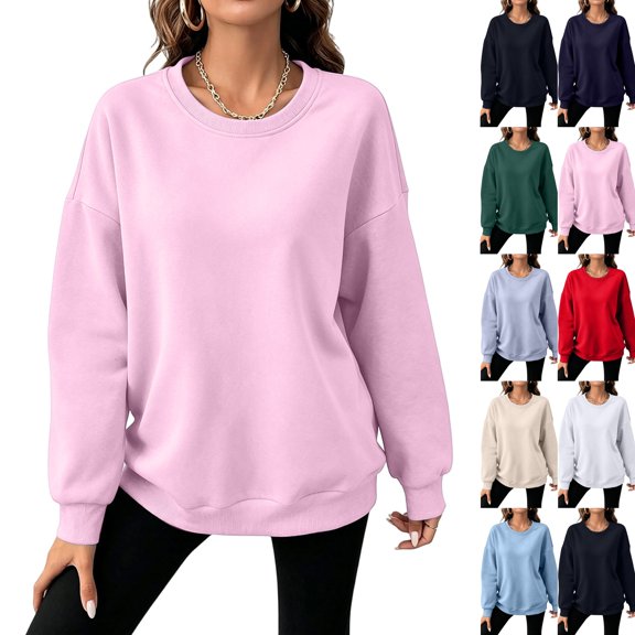 Crewneck Sweatshirt Women Comfort Fleece Oversized Fall Winter Pullover Long Sleeve Sweatshirt Basic Loose Fitting Tops ,L,Pink