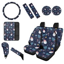 Renewold Christmas Santa Claus 12 PCS Car Seat Cover Full Set, with Non-slip Steering Wheel Seatbelt Shoulder Handbrake Gear Shift Cover Coasters Center Console Pad, Dark Blue