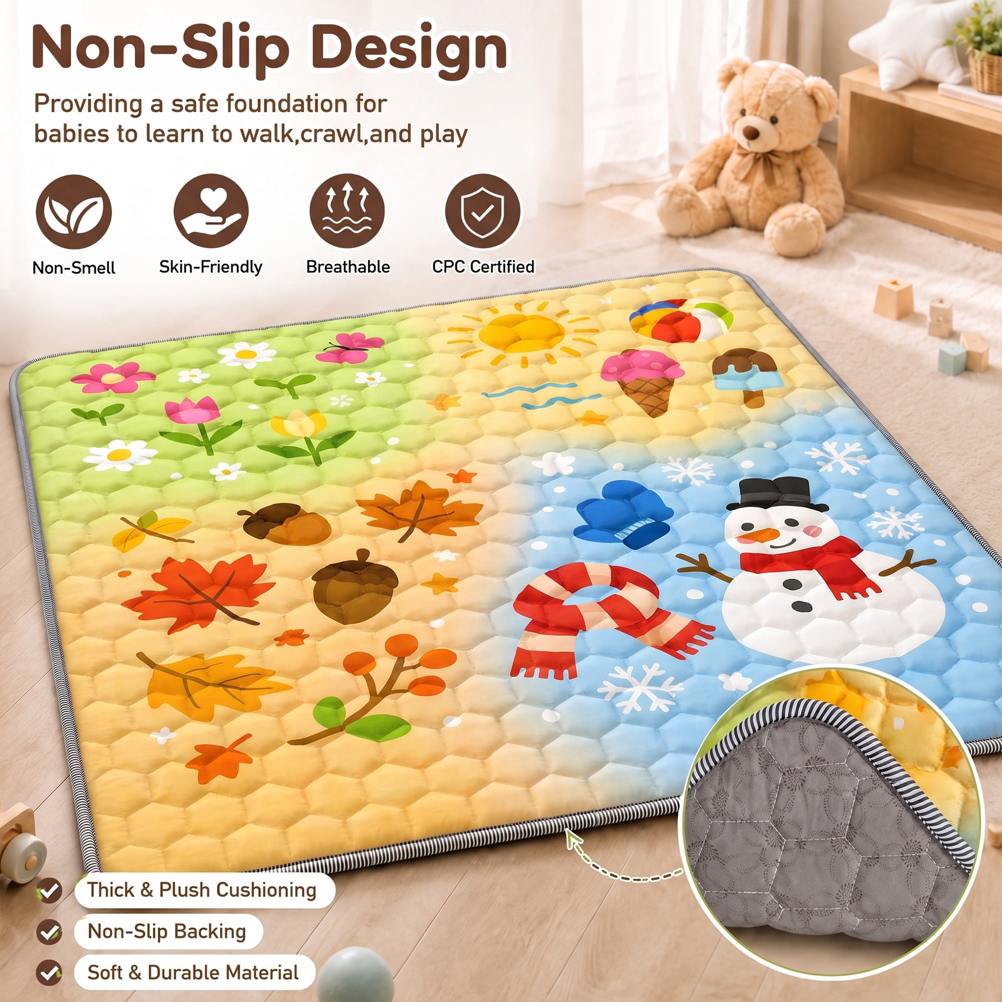 BEAUTYPEAK Baby Play Mat, 50"x50" Mat Perfect for Use Baby Playpen,Non-Slip Foldable Mat for Toddlers and Babies