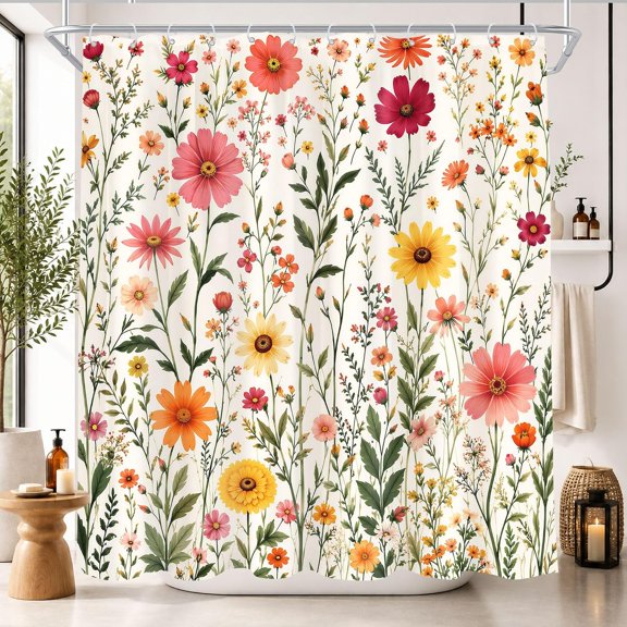 Floral Shower Curtain Botanical Wildflower Fabric Bath Curtain with Hooks for Bathroom 71x71 inches