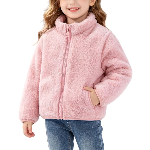 Cethrio Girls Fleece Jackets, Warm Stand-up Collar Long Sleeve Zip up Winter Outerwear Pink Size 9-12 Months