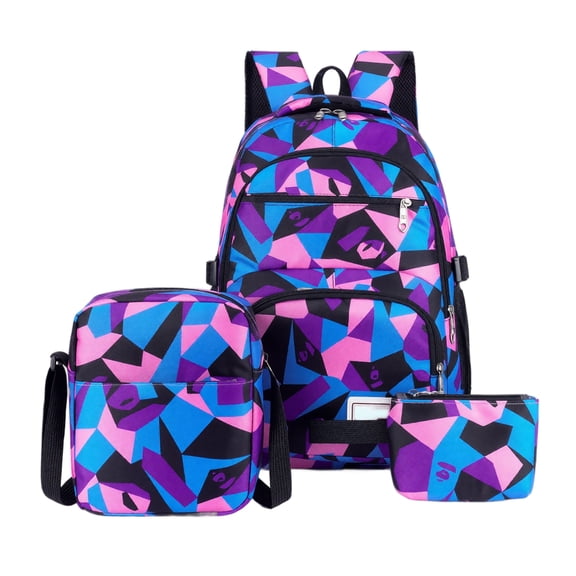 3PCS Girls Backpack Set for Kids 6-12 Age Backpack with Lunch Box Pencil Case Color Block Design for Children Teen Students