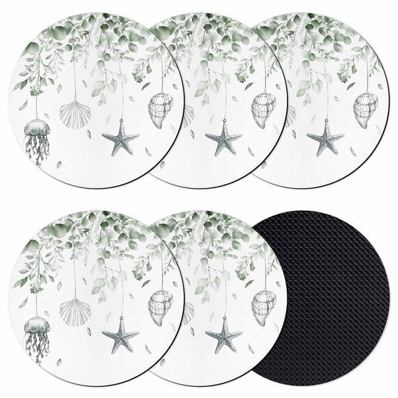 Sage Green Coastal Coasters Set of 6, Summer Eucalyptus Leaves Beach Ocean Starfish Conch Absorbent Coasters for Drinks, Coaster for Bar Office Dining Coffee Table Decor, Non Slip Round Desk Coaster