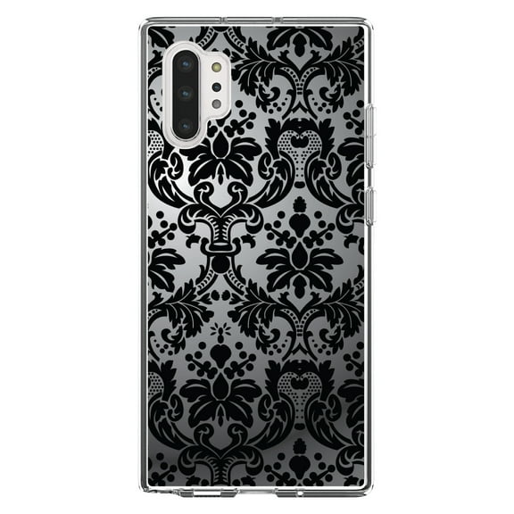 DistinctInk Clear Shockproof Hybrid Case for Galaxy Note 10 PLUS (6.8" Screen) - TPU Bumper, Acrylic Back, Tempered Glass Screen Protector - Silver Grey Black Damask - Floral Damask Pattern