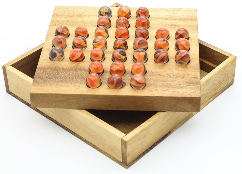 We Games Solid Wood Solitaire With 32 Blue Glass Marbles Factory 9" Game Board for sale online 