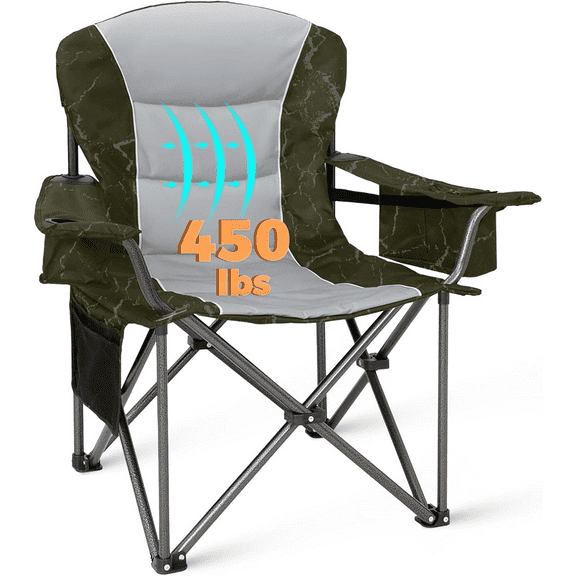 Oversized Camping Folding Chair, Heavy Duty 450 LBS with Lumbar Support, Padded seat with Cup Holder&Cooler Bag, Ideal for Camp, Fishing, Sports Event, Backyard, Patio, Lawn (Lava Green)