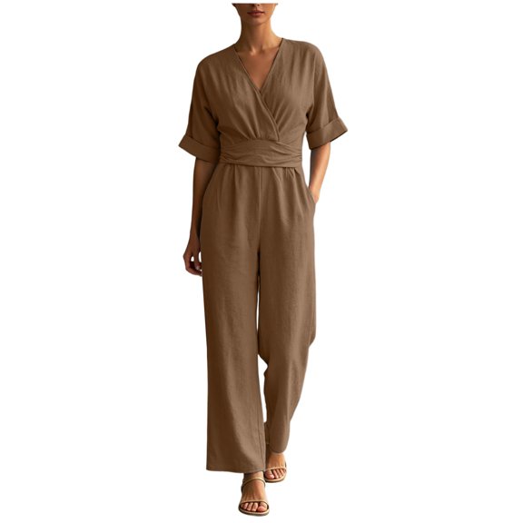 RFQWOVSR Women's V Neck Wide Leg Jumpsuits for Summer Wedding Business Casual Elegant Rompers XXXL